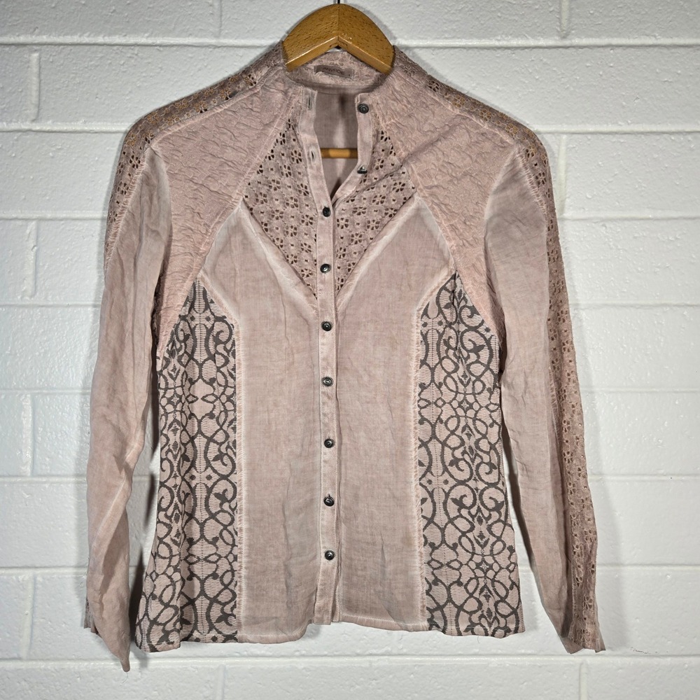 ANVRDIE Mixed Media Lace Button Blouse Top Medium Crochet Boho Minimalist Artsy‎